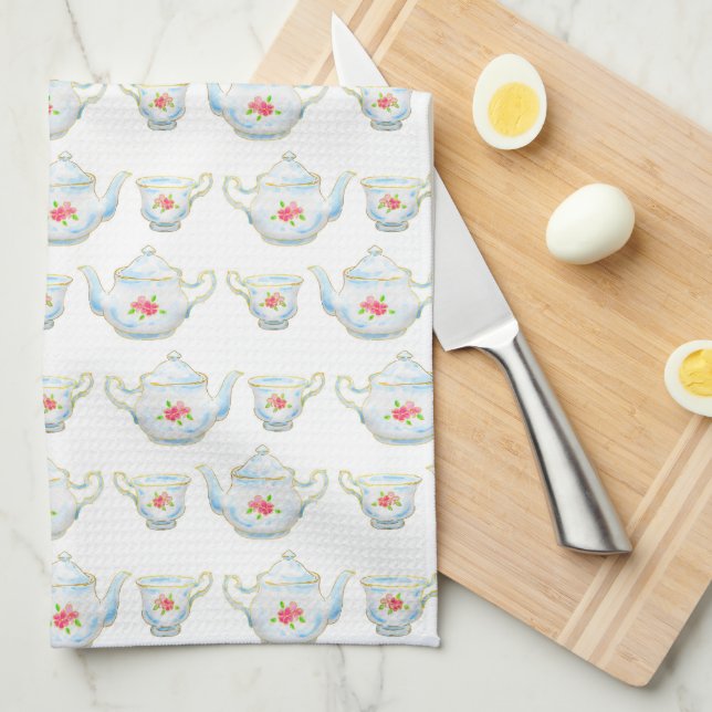 Vintage Kitsch Teapot and Teacup Pattern Tea Towel (Quarter Fold)