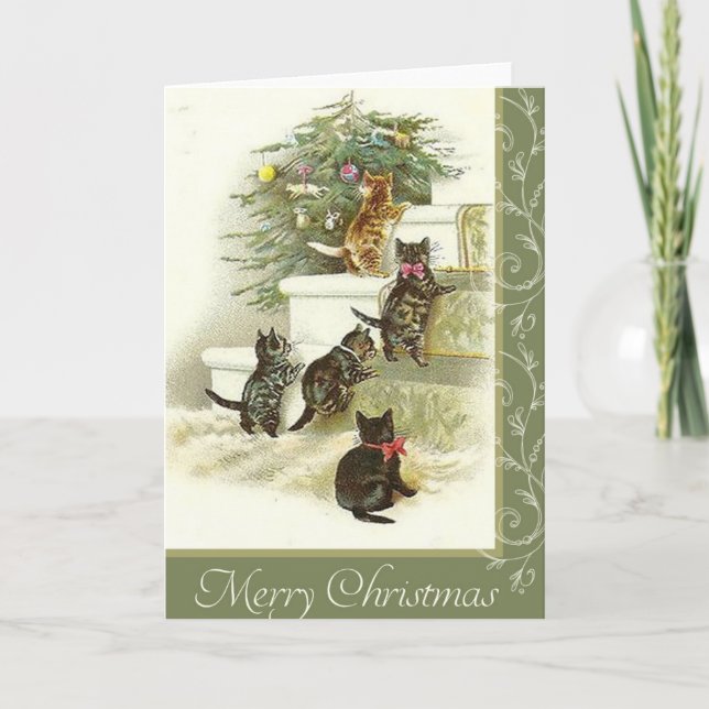 Vintage Kitten Christmas Holiday Card (Front)