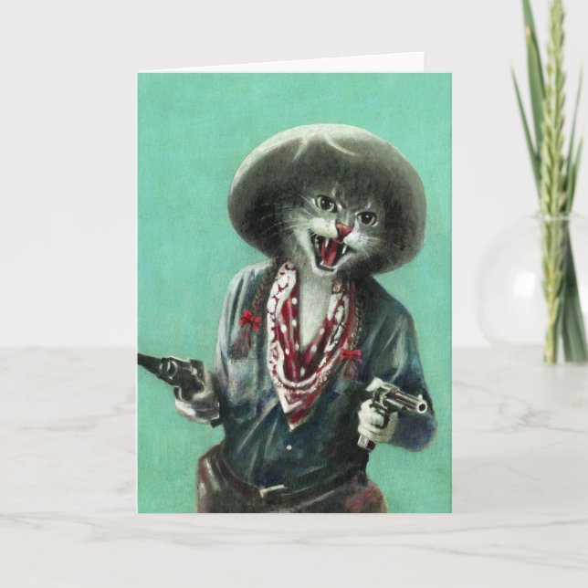 Vintage Kitten Cowgirl Greetings Card (Front)