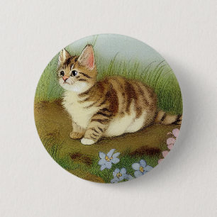 Vintage Kitten Illustration with Flowers 6 Cm Round Badge