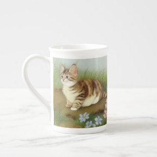 Vintage Kitten Illustration with Flowers Bone China Mug