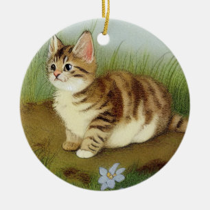 Vintage Kitten Illustration with Flowers Ceramic Tree Decoration