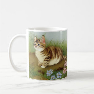 Vintage Kitten Illustration with Flowers Coffee Mug