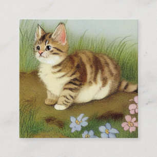 Vintage Kitten Illustration with Flowers Enclosure Card
