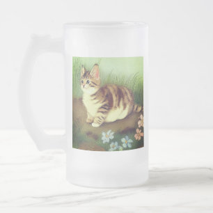 Vintage Kitten Illustration with Flowers Frosted Glass Beer Mug