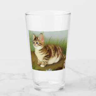Vintage Kitten Illustration with Flowers Glass