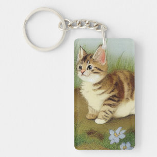 Vintage Kitten Illustration with Flowers Key Ring