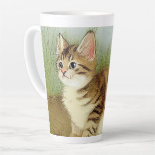 Vintage Kitten Illustration with Flowers Latte Mug
