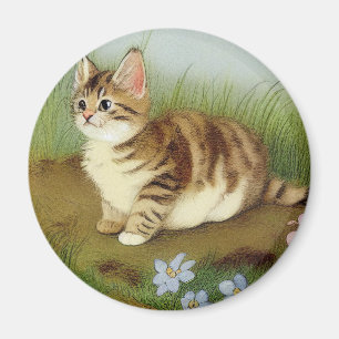 Vintage Kitten Illustration with Flowers Magnet