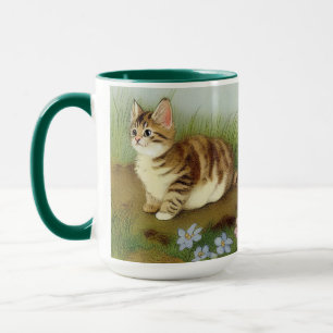 Vintage Kitten Illustration with Flowers Mug