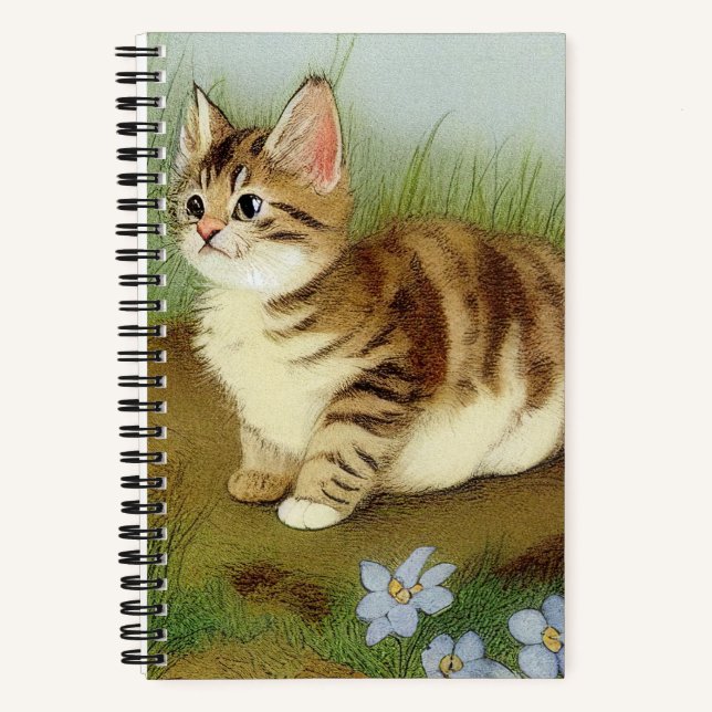 Vintage Kitten Illustration with Flowers Notebook (Front)