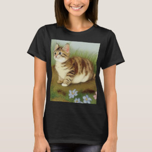 Vintage Kitten Illustration with Flowers T-Shirt
