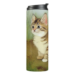 Vintage Kitten Illustration with Flowers Thermal Tumbler