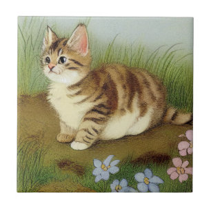 Vintage Kitten Illustration with Flowers Tile