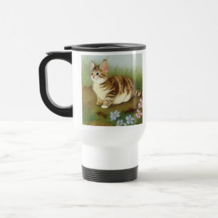 Vintage Kitten Illustration with Flowers Travel Mug