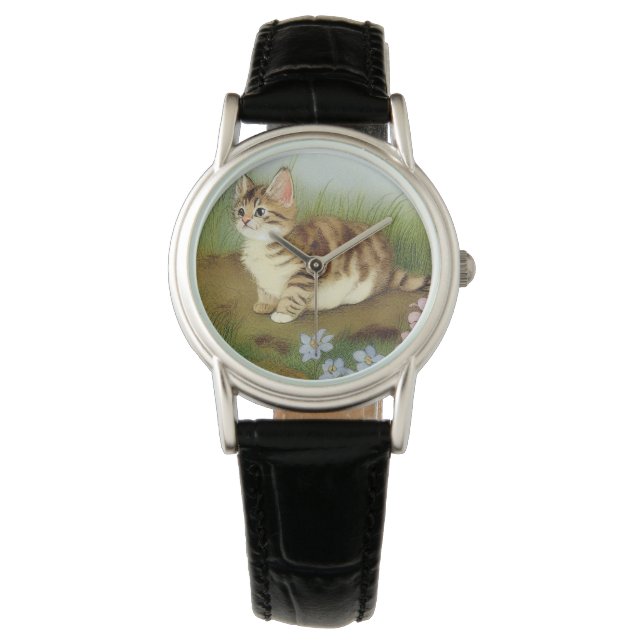 Vintage Kitten Illustration with Flowers Watch (Front)