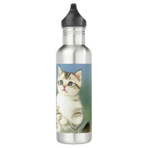 Vintage Kitten Illustration with Yellow Flowers 710 Ml Water Bottle