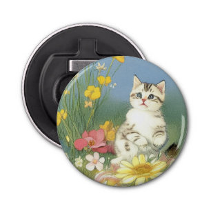 Vintage Kitten Illustration with Yellow Flowers Bottle Opener