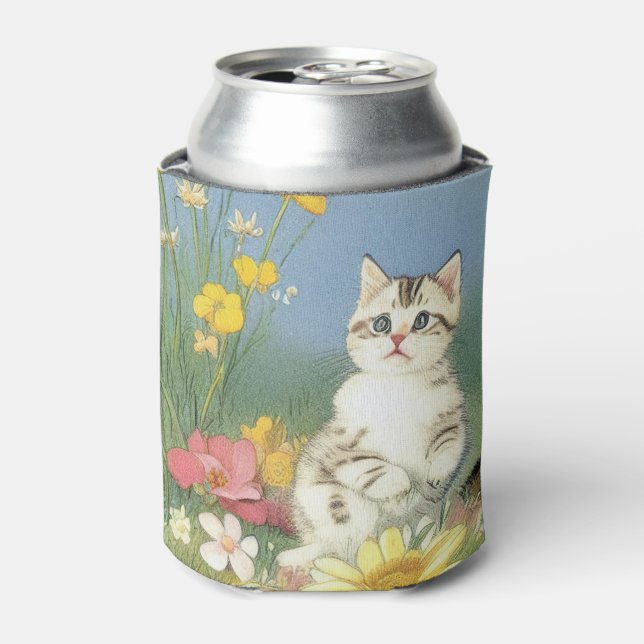 Vintage Kitten Illustration with Yellow Flowers Can Cooler (Can Front)