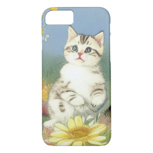 Vintage Kitten Illustration with Yellow Flowers iPhone 8/7 Case
