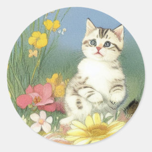 Vintage Kitten Illustration with Yellow Flowers Classic Round Sticker