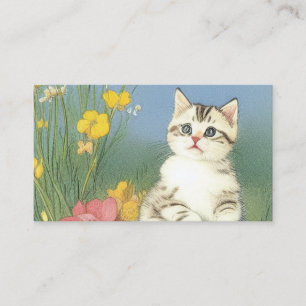 Vintage Kitten Illustration with Yellow Flowers Enclosure Card