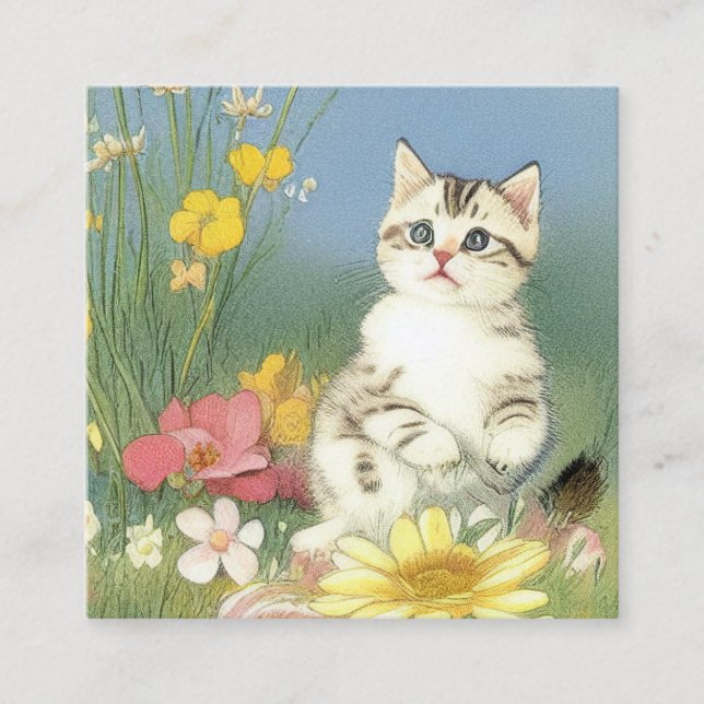Vintage Kitten Illustration with Yellow Flowers Enclosure Card (Front)