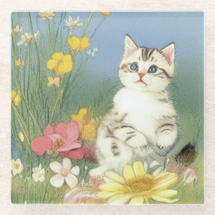 Vintage Kitten Illustration with Yellow Flowers Glass Coaster