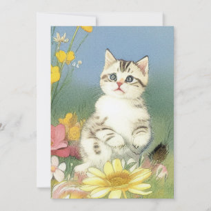 Vintage Kitten Illustration with Yellow Flowers Invitation