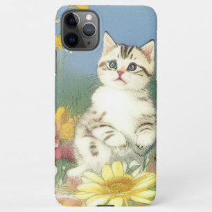 Vintage Kitten Illustration with Yellow Flowers iPhone 11Pro Max Case