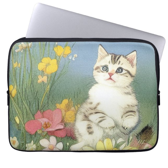Vintage Kitten Illustration with Yellow Flowers Laptop Sleeve (Front)