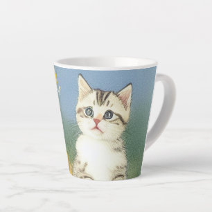 Vintage Kitten Illustration with Yellow Flowers Latte Mug