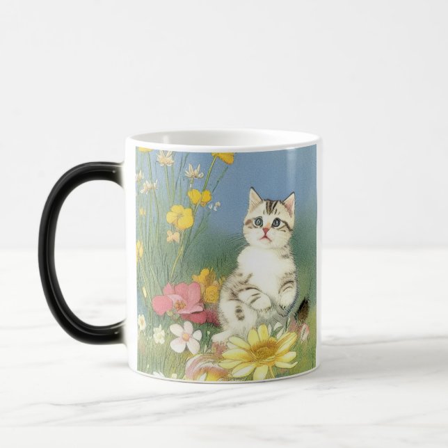 Vintage Kitten Illustration with Yellow Flowers Magic Mug (Left)