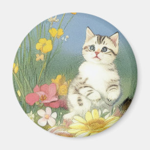 Vintage Kitten Illustration with Yellow Flowers Magnet