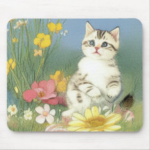 Vintage Kitten Illustration with Yellow Flowers Mouse Mat