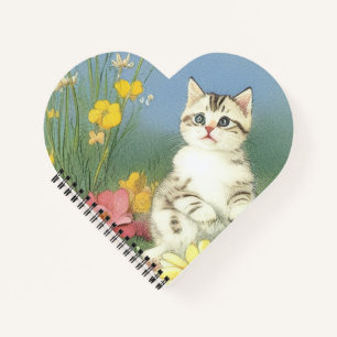 Vintage Kitten Illustration with Yellow Flowers Notebook
