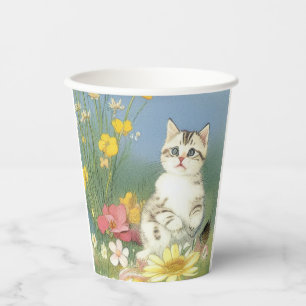Vintage Kitten Illustration with Yellow Flowers Paper Cups
