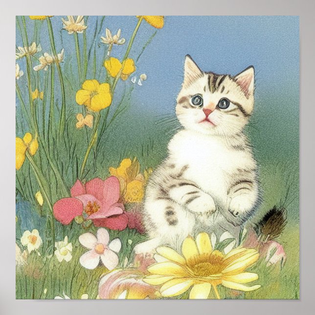 Vintage Kitten Illustration with Yellow Flowers Poster (Front)