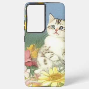 Vintage Kitten Illustration with Yellow Flowers Samsung Galaxy Case