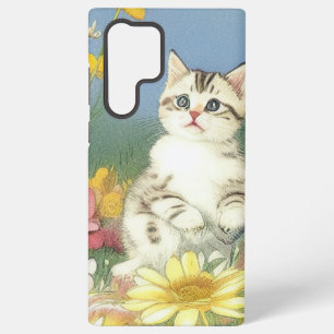 Vintage Kitten Illustration with Yellow Flowers Samsung Galaxy Case