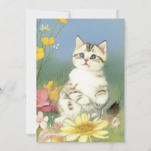 Vintage Kitten Illustration with Yellow Flowers Save The Date