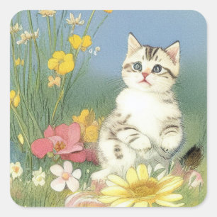 Vintage Kitten Illustration with Yellow Flowers Square Sticker