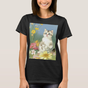 Vintage Kitten Illustration with Yellow Flowers T-Shirt