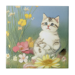 Vintage Kitten Illustration with Yellow Flowers Tile