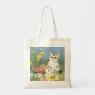 Vintage Kitten Illustration with Yellow Flowers Tote Bag