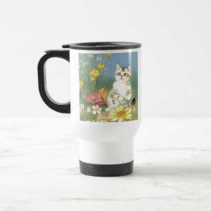 Vintage Kitten Illustration with Yellow Flowers Travel Mug