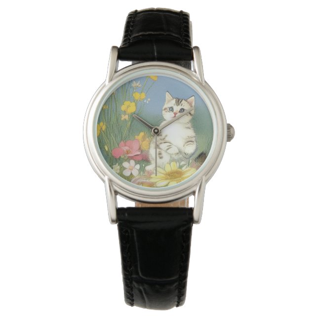 Vintage Kitten Illustration with Yellow Flowers Watch (Front)