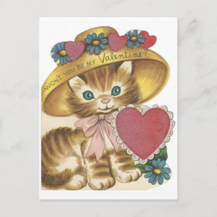 Vintage Kitten In Hat Valentine Holiday Postcard