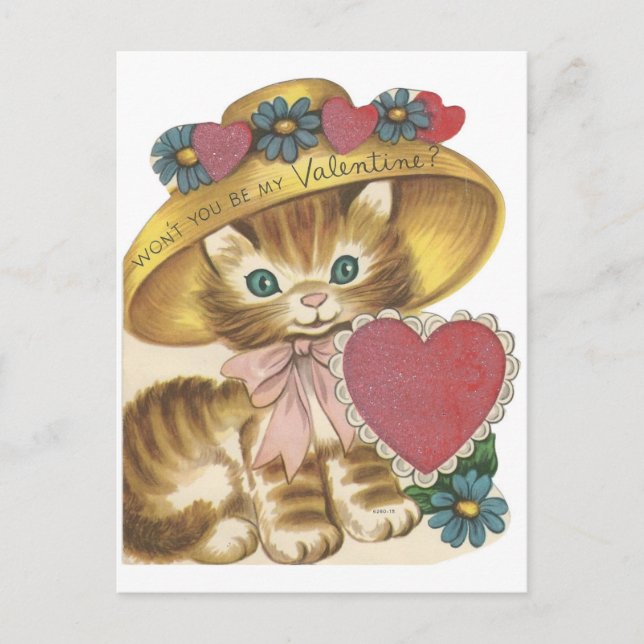 Vintage Kitten In Hat Valentine Holiday Postcard (Front)