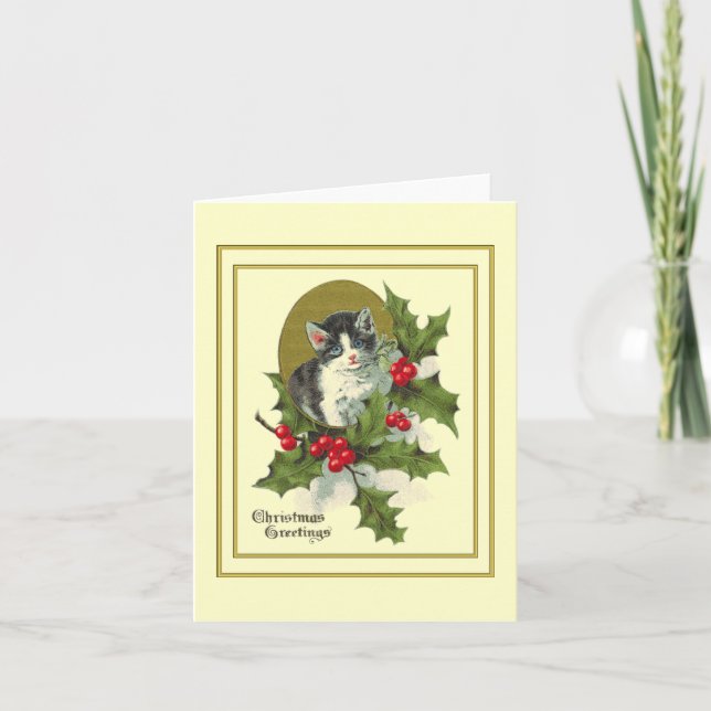Vintage Kitten in Holly Card (Front)